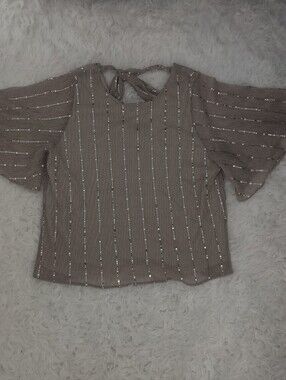 Sweet Rain Metallic-Striped Taupe Tie-Back Blouse